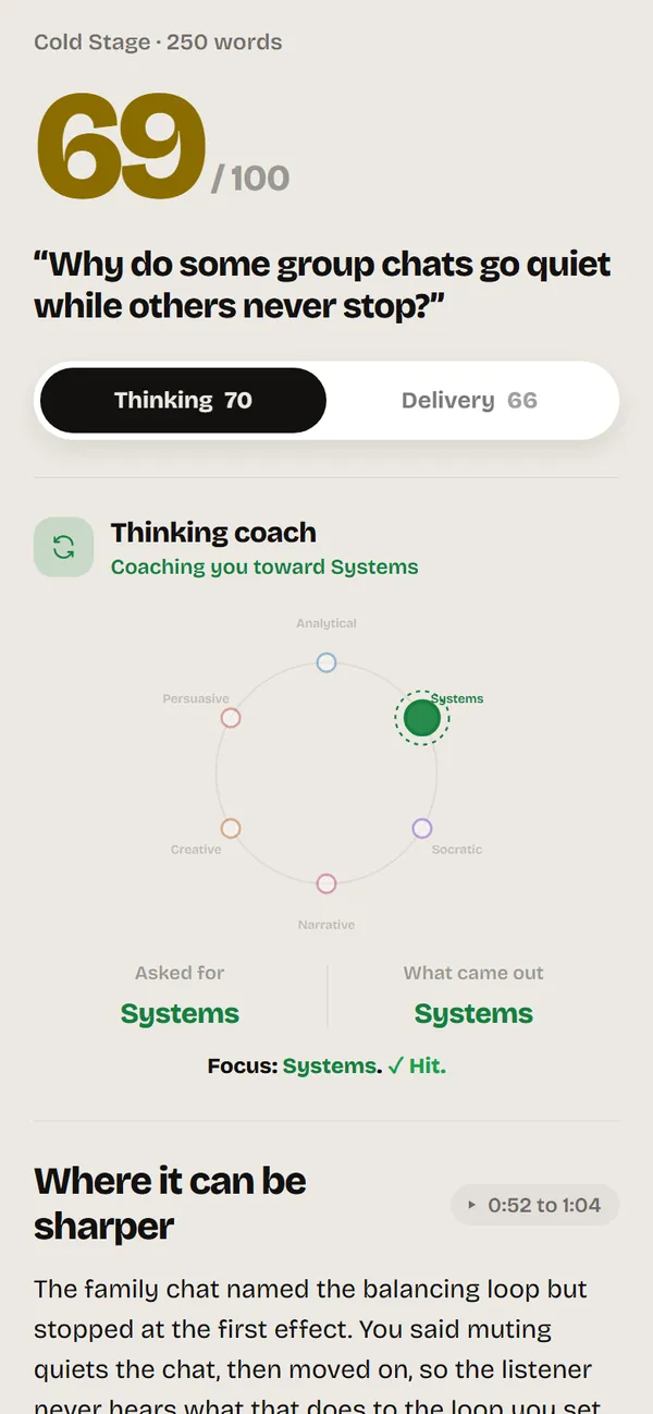 A Cold Stage report: a score out of 100, the Thinking and Delivery tabs, and the style wheel showing the style asked for and the style that came out.